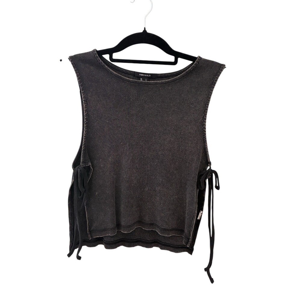 Forever 21 Tank Top Womens L Black Ribbed Side Tie Cropped Goth Grunge